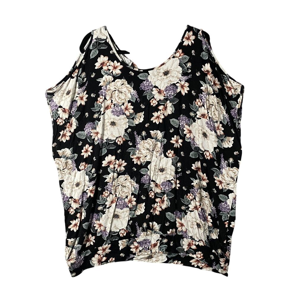 Torrid Super Soft Knit Cold Shoulder Back Tie Shirt Floral Black Womans Size 3x